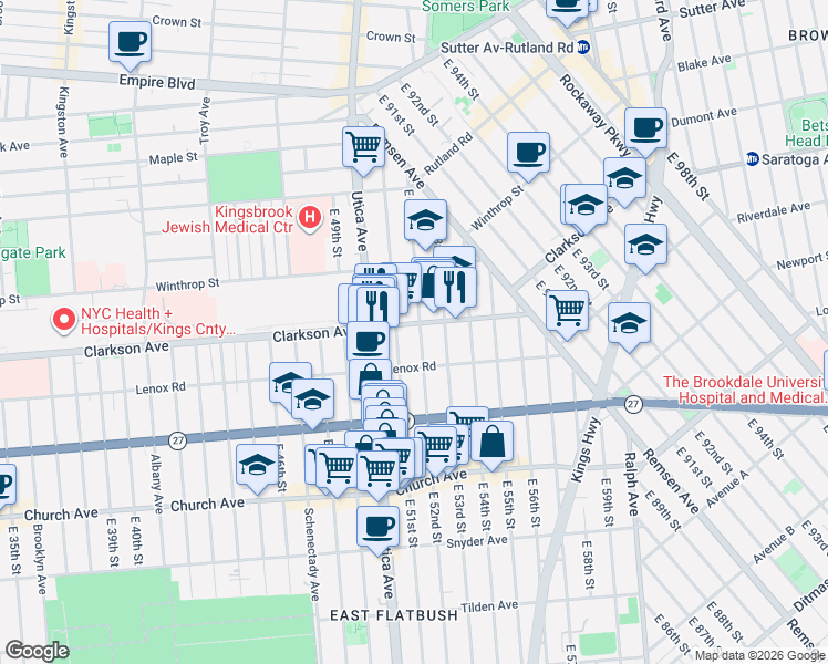 map of restaurants, bars, coffee shops, grocery stores, and more near 208 East 52nd Street in Brooklyn