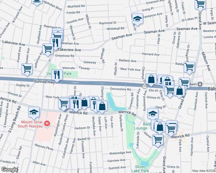 map of restaurants, bars, coffee shops, grocery stores, and more near 394 Devonshire Road in Baldwin