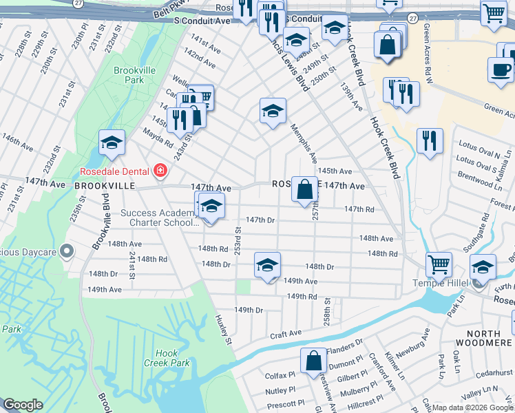 map of restaurants, bars, coffee shops, grocery stores, and more near 253-27 147th Drive in Queens