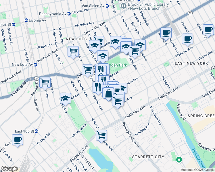 map of restaurants, bars, coffee shops, grocery stores, and more near 134 Wortman Avenue in Brooklyn