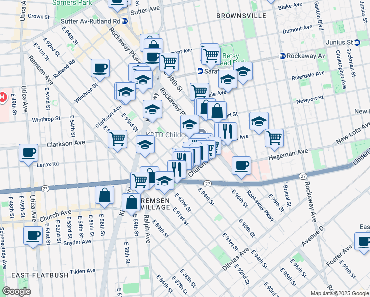 map of restaurants, bars, coffee shops, grocery stores, and more near 475 East 95th Street in Brooklyn