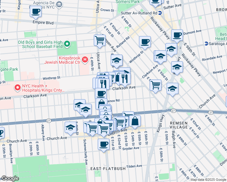 map of restaurants, bars, coffee shops, grocery stores, and more near 208 East 52nd Street in Brooklyn
