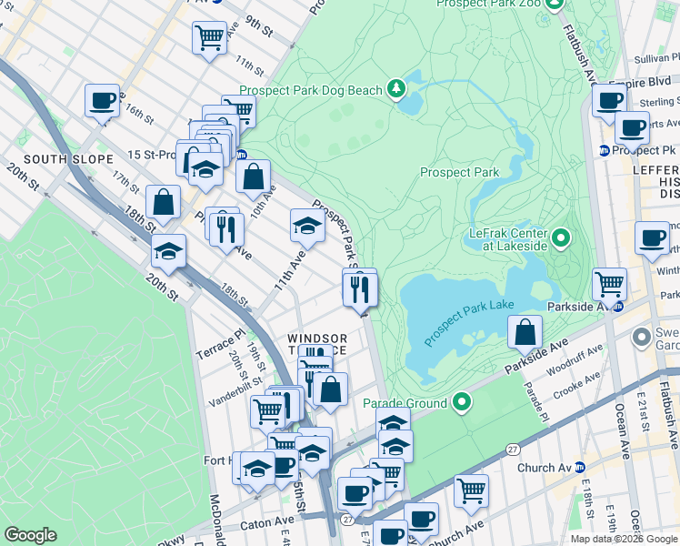 map of restaurants, bars, coffee shops, grocery stores, and more near 135 Prospect Park Southwest in Brooklyn