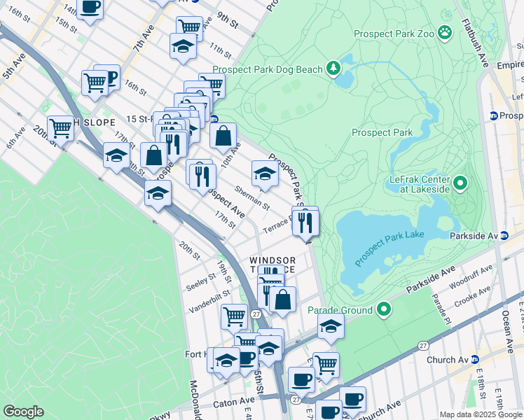 map of restaurants, bars, coffee shops, grocery stores, and more near 1107 Prospect Avenue in Brooklyn