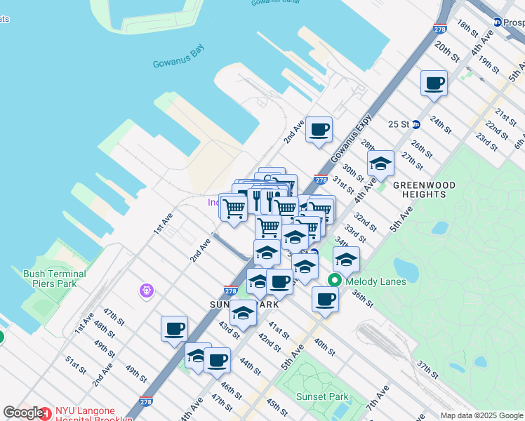 map of restaurants, bars, coffee shops, grocery stores, and more near 220 36th Street in Brooklyn
