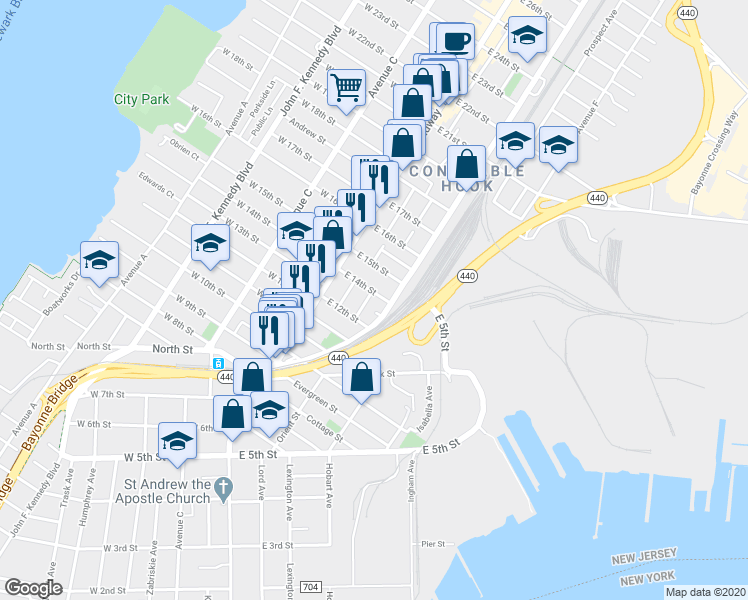 map of restaurants, bars, coffee shops, grocery stores, and more near 45 East 12th Street in Bayonne