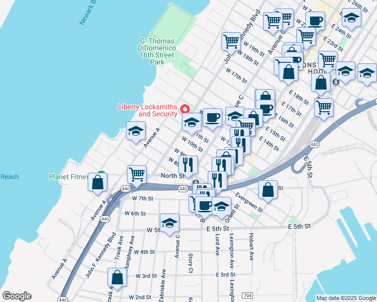 map of restaurants, bars, coffee shops, grocery stores, and more near 84 West 9th Street in Bayonne