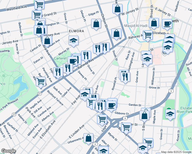 map of restaurants, bars, coffee shops, grocery stores, and more near 416 Fay Avenue in Elizabeth