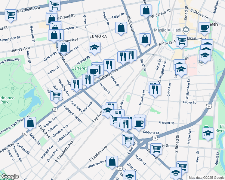 map of restaurants, bars, coffee shops, grocery stores, and more near 1050 Dewey Place in Elizabeth