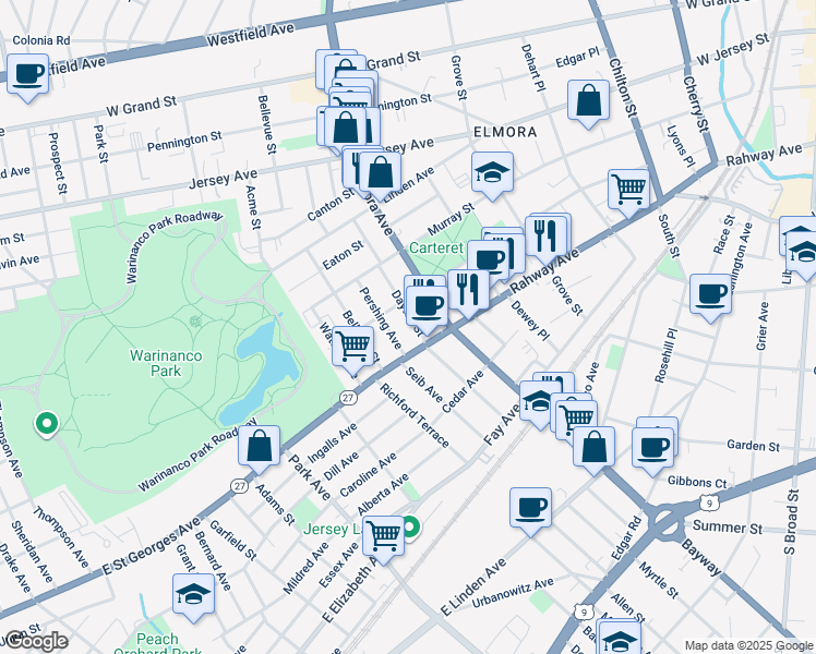 map of restaurants, bars, coffee shops, grocery stores, and more near 727 Rahway Avenue in Elizabeth