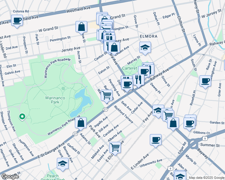 map of restaurants, bars, coffee shops, grocery stores, and more near 16 Pershing Avenue in Elizabeth