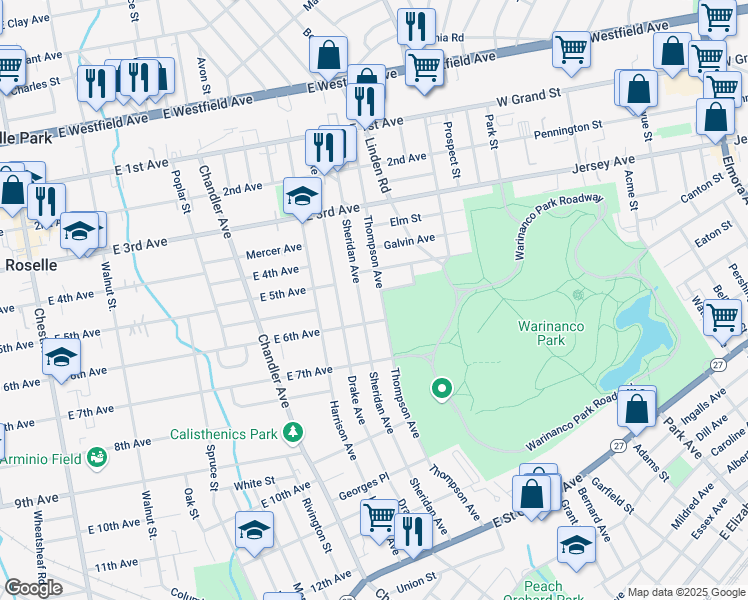 map of restaurants, bars, coffee shops, grocery stores, and more near 545 Sheridan Avenue in Roselle