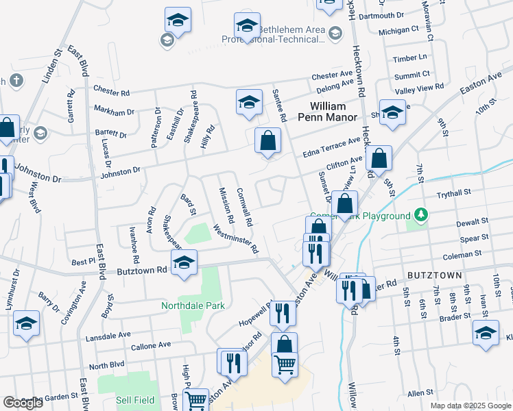 map of restaurants, bars, coffee shops, grocery stores, and more near 3000 Millstone Drive in Bethlehem