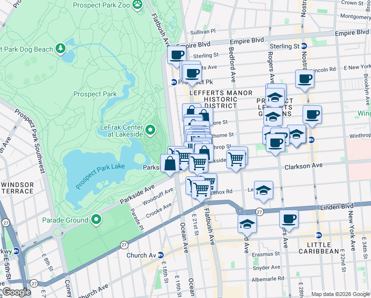 map of restaurants, bars, coffee shops, grocery stores, and more near 2100 Westbury Court in Brooklyn