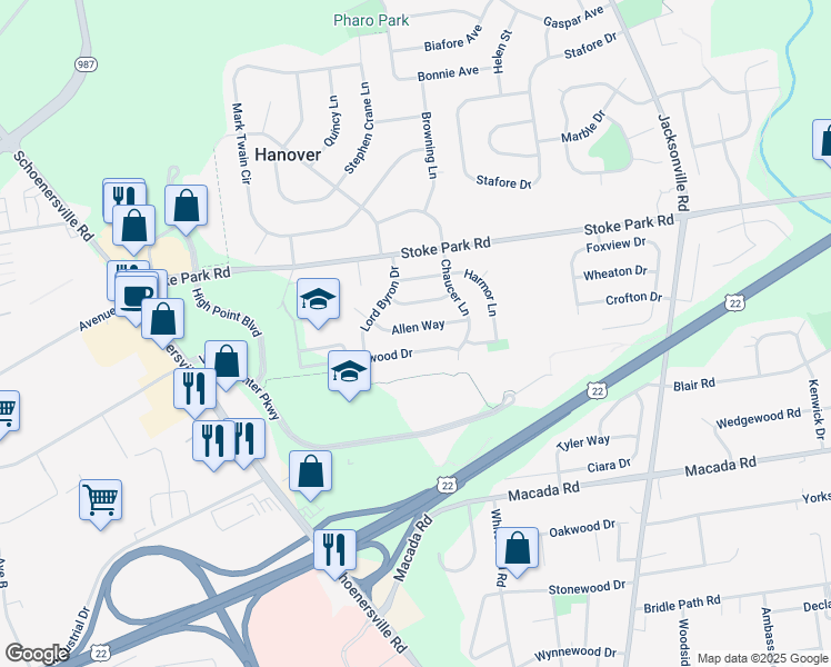 map of restaurants, bars, coffee shops, grocery stores, and more near 1575 Allen Way in Bethlehem