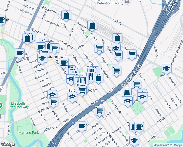 map of restaurants, bars, coffee shops, grocery stores, and more near 517 Fulton Street in Elizabeth