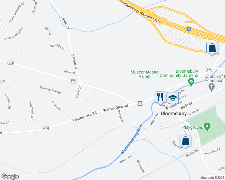 map of restaurants, bars, coffee shops, grocery stores, and more near 513 New Jersey 173 in Stewartsville