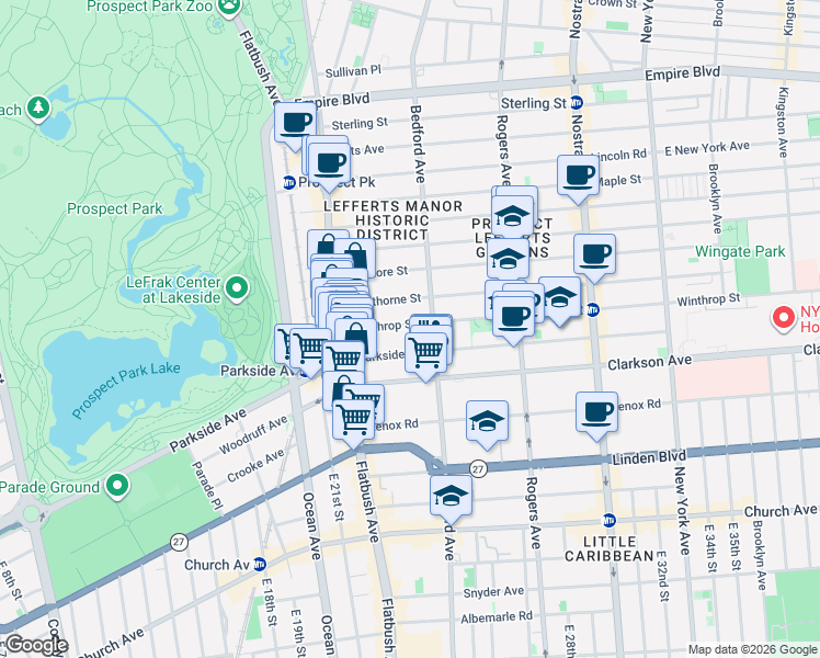 map of restaurants, bars, coffee shops, grocery stores, and more near 80 Winthrop Street in Brooklyn
