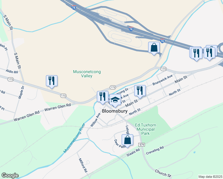 map of restaurants, bars, coffee shops, grocery stores, and more near 704 New Jersey 173 in Bloomsbury