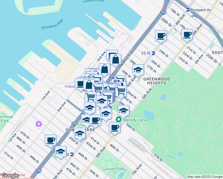 map of restaurants, bars, coffee shops, grocery stores, and more near 161 34th Street in Brooklyn