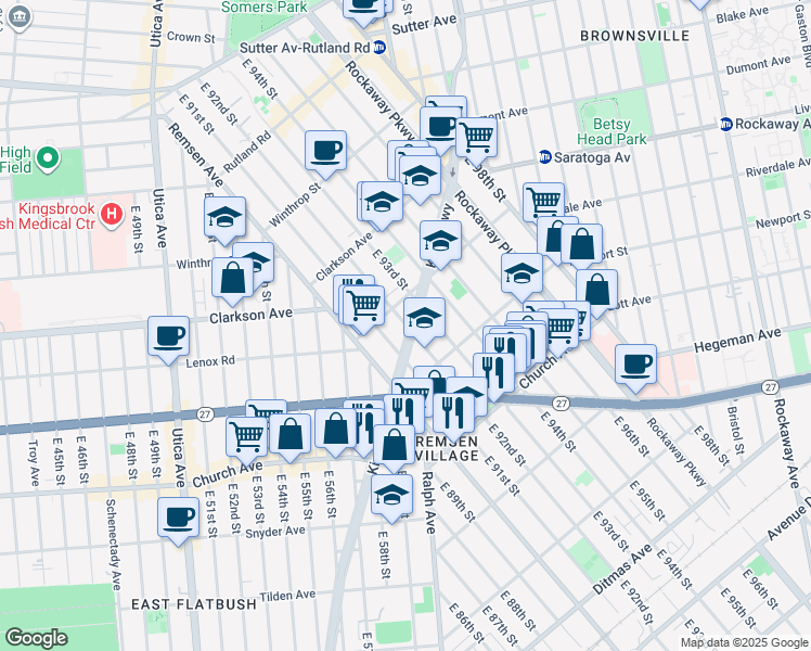 map of restaurants, bars, coffee shops, grocery stores, and more near 392 East 92nd Street in Brooklyn