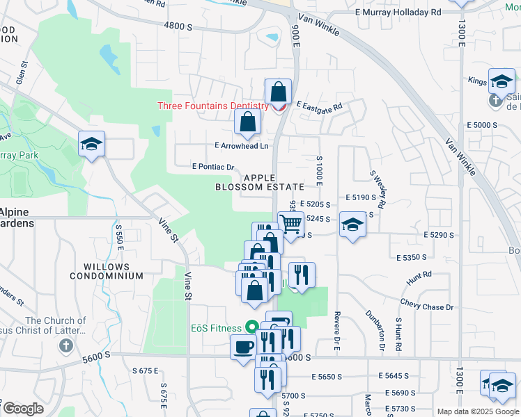 map of restaurants, bars, coffee shops, grocery stores, and more near 5304 900 East in Salt Lake City