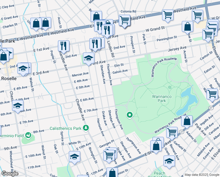 map of restaurants, bars, coffee shops, grocery stores, and more near 545 Sheridan Avenue in Roselle