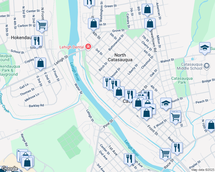 map of restaurants, bars, coffee shops, grocery stores, and more near 805 Front Street in Catasauqua