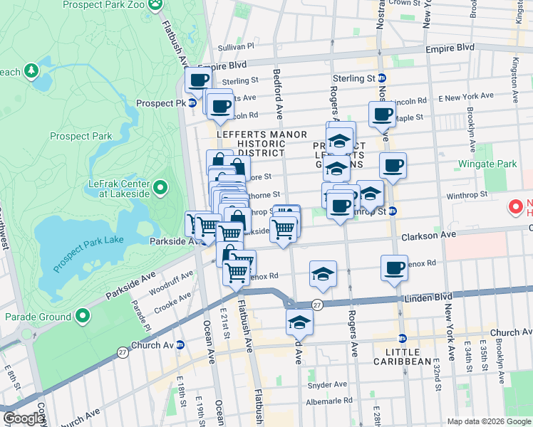 map of restaurants, bars, coffee shops, grocery stores, and more near 369A Parkside Avenue in Brooklyn