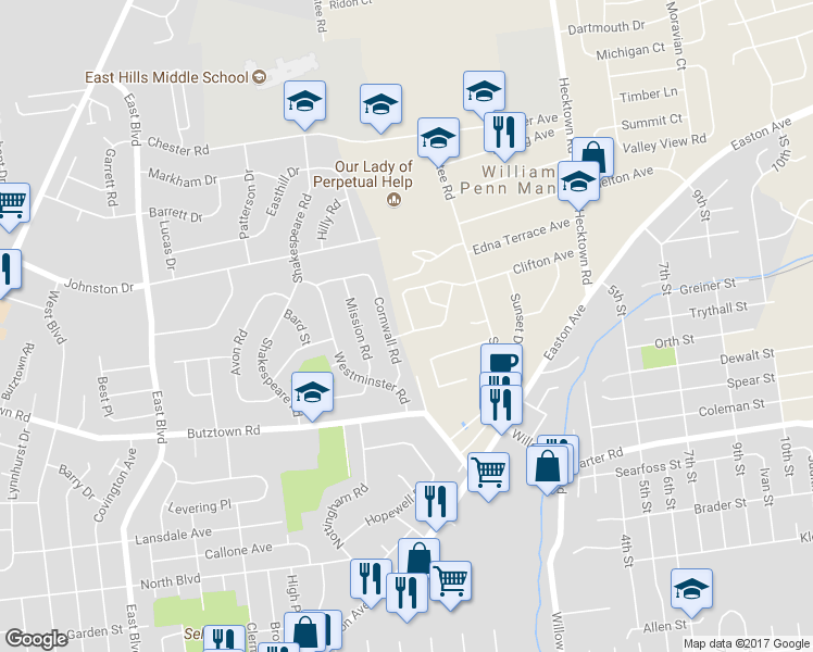 map of restaurants, bars, coffee shops, grocery stores, and more near 3000 Millstone Drive in Bethlehem