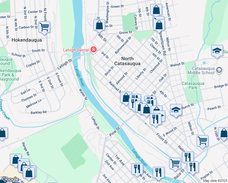 map of restaurants, bars, coffee shops, grocery stores, and more near 805 Front Street in Catasauqua