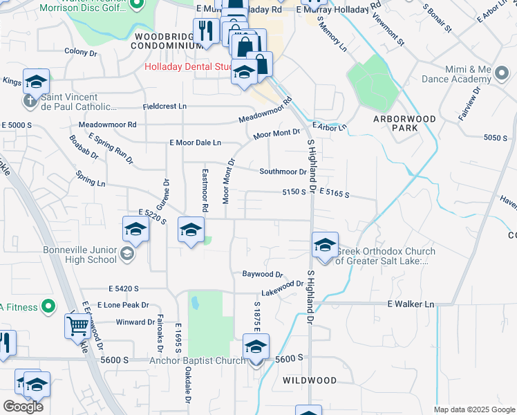 map of restaurants, bars, coffee shops, grocery stores, and more near 1872 East 5150 South in Holladay