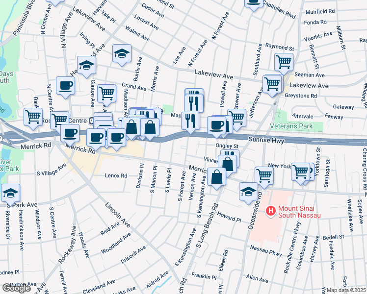 map of restaurants, bars, coffee shops, grocery stores, and more near 30 North Forest Avenue in Rockville Centre