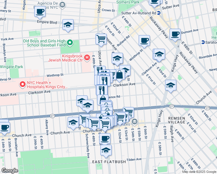 map of restaurants, bars, coffee shops, grocery stores, and more near 709 Utica Avenue in Brooklyn