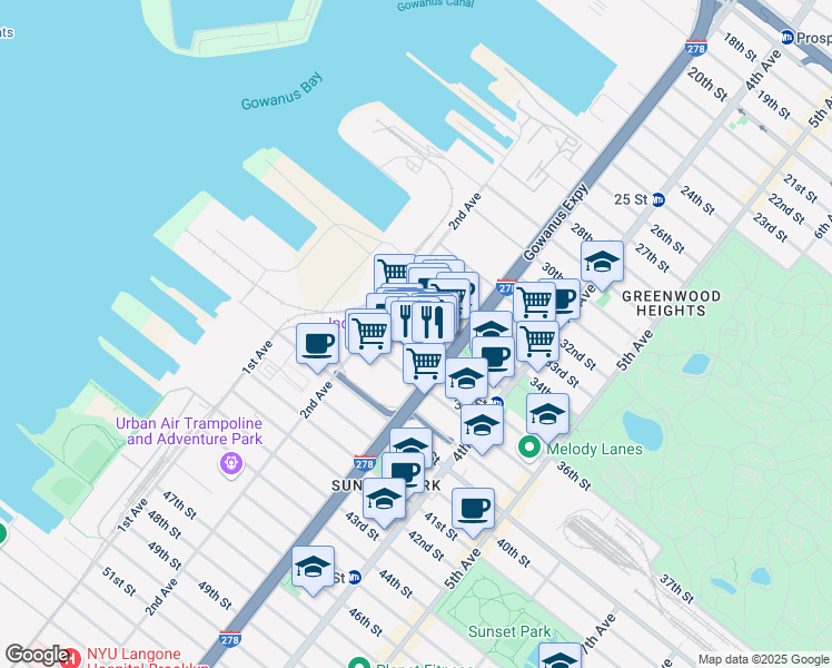 map of restaurants, bars, coffee shops, grocery stores, and more near 607 2nd Avenue in Brooklyn