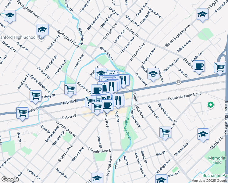 map of restaurants, bars, coffee shops, grocery stores, and more near in Cranford