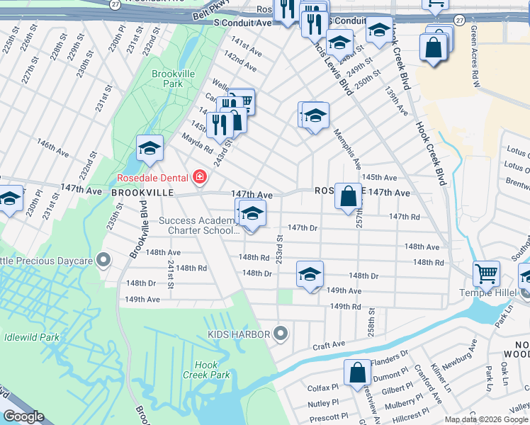 map of restaurants, bars, coffee shops, grocery stores, and more near 147-40 253rd Street in Queens
