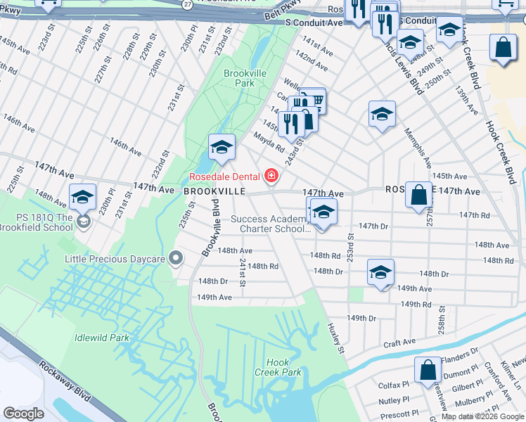 map of restaurants, bars, coffee shops, grocery stores, and more near 147-51 Edgewood Street in Queens