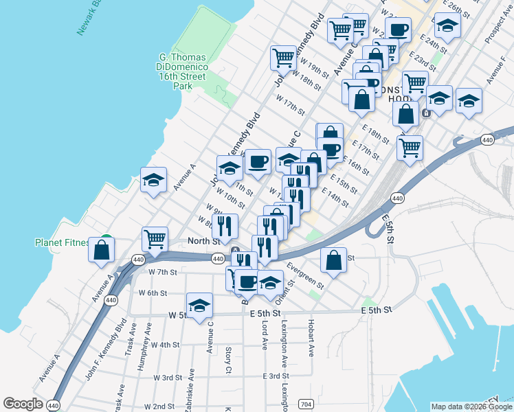 map of restaurants, bars, coffee shops, grocery stores, and more near 33 West 10th Street in Bayonne