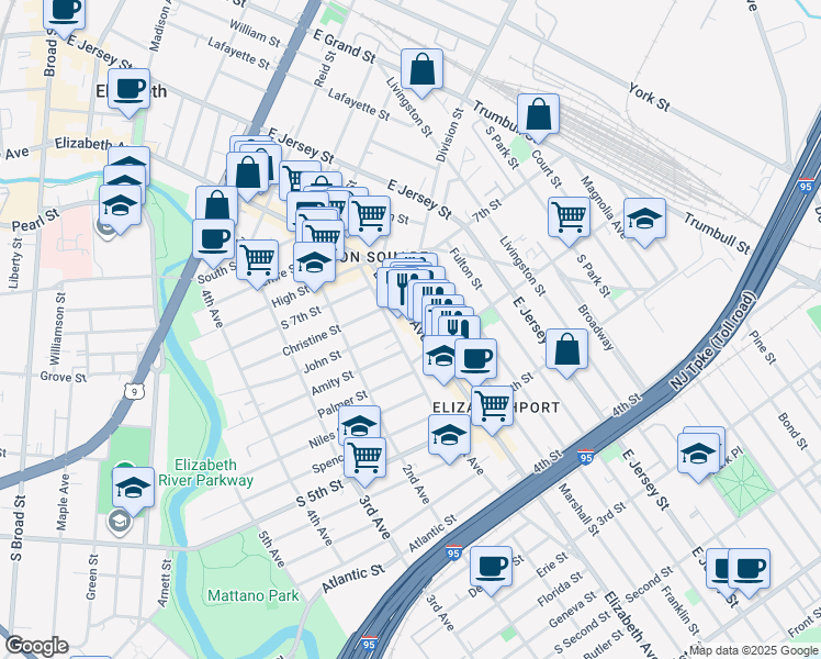 map of restaurants, bars, coffee shops, grocery stores, and more near 606 Elizabeth Avenue in Elizabeth