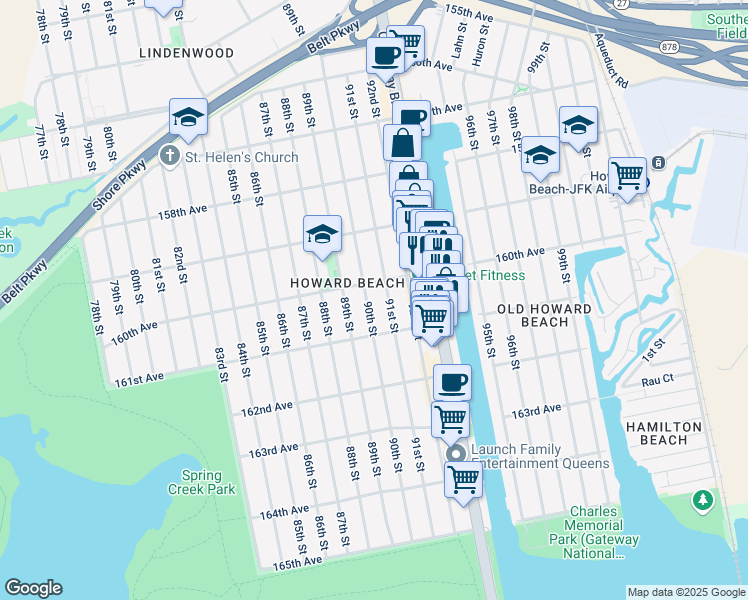 map of restaurants, bars, coffee shops, grocery stores, and more near 160-39 90th Street in Queens