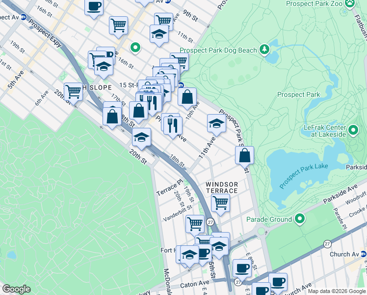map of restaurants, bars, coffee shops, grocery stores, and more near 589 17th Street in Brooklyn