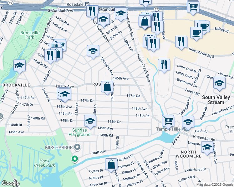 map of restaurants, bars, coffee shops, grocery stores, and more near 257-17 147th Road in Queens