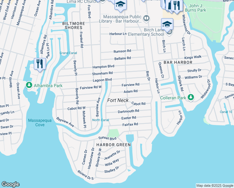map of restaurants, bars, coffee shops, grocery stores, and more near 102 Adam Road in Massapequa