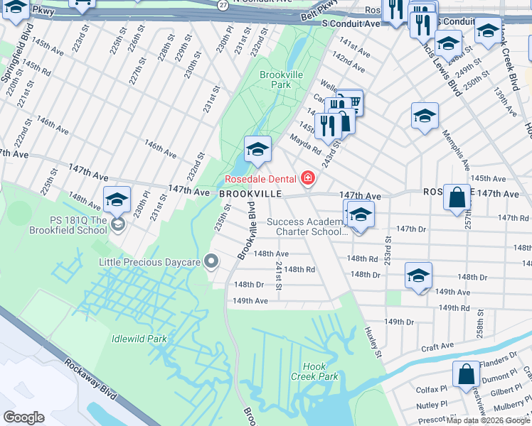 map of restaurants, bars, coffee shops, grocery stores, and more near 239-06 147th Road in Queens