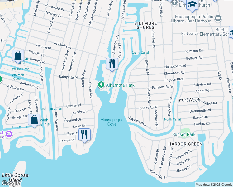 map of restaurants, bars, coffee shops, grocery stores, and more near 5 Beach Road in Massapequa