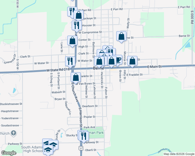 map of restaurants, bars, coffee shops, grocery stores, and more near 265 West Van Buren Street in Berne