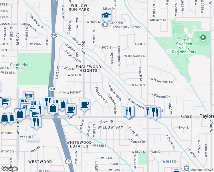 map of restaurants, bars, coffee shops, grocery stores, and more near 5249 Ridgecrest Drive in Salt Lake City
