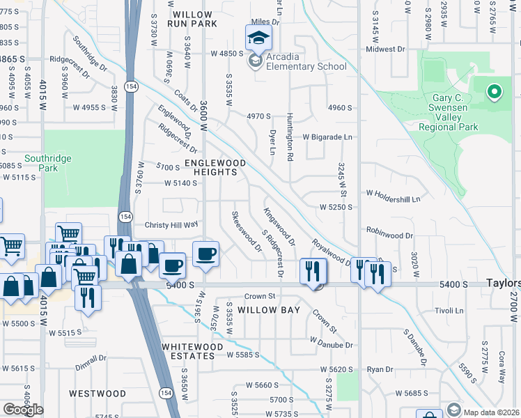 map of restaurants, bars, coffee shops, grocery stores, and more near 5249 Ridgecrest Drive in Salt Lake City