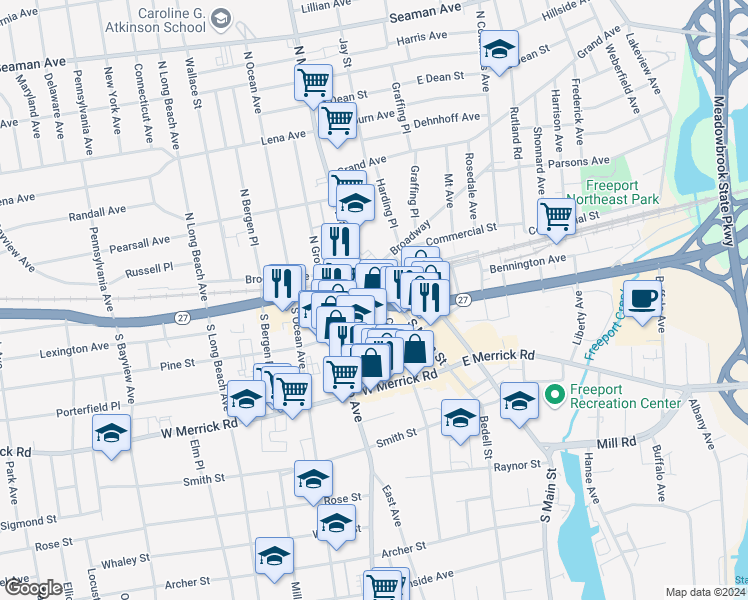 map of restaurants, bars, coffee shops, grocery stores, and more near 46 Pine Street in Freeport